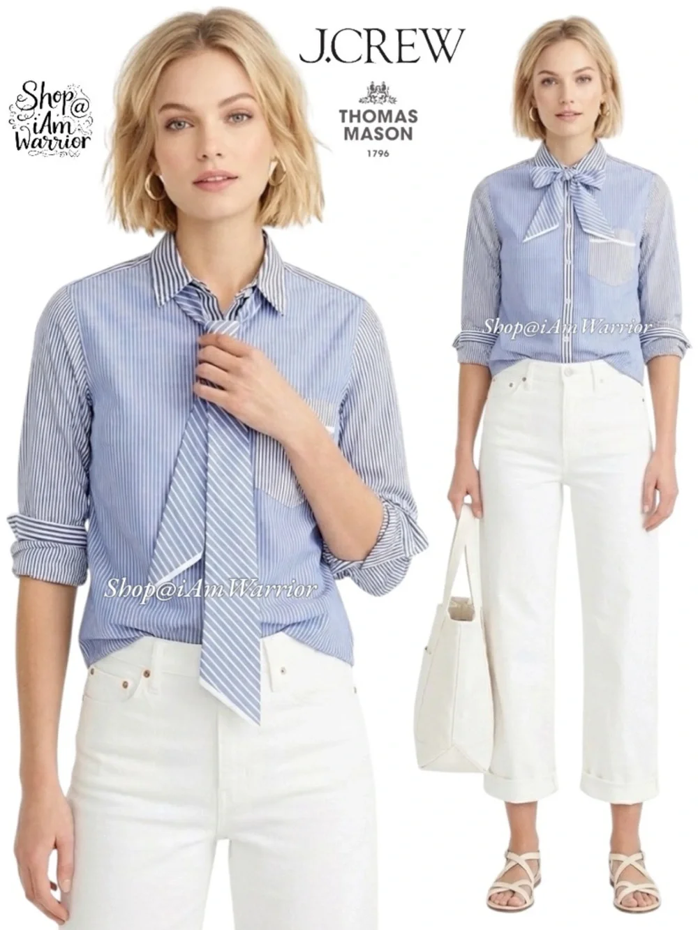 J.Crew Rare Thomas Mason Blue Stripe Tie-Neck Italian Cotton Button Down Shirt